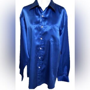 Elegant Silk Top Cobalt Blue Single Stitch tailor made quiet luxury USA  L
